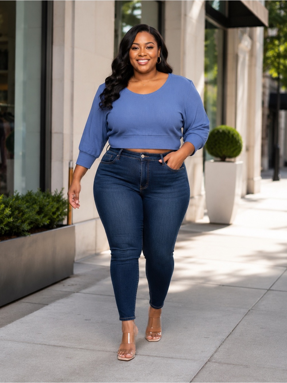 Curve-Friendly Blue Ribbed Scoop-Neck Crop Top